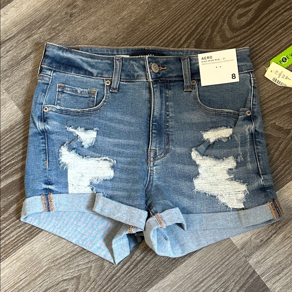 Aeropostale Women's Blue Denim High Rise Midi Shorts 3” - Picture 3 of 6